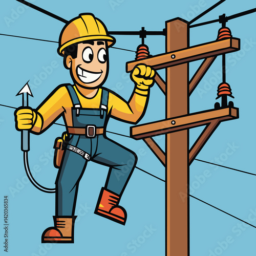 Utility worker performing maintenance on power lines while sitting on a pole in a rural area during daytime