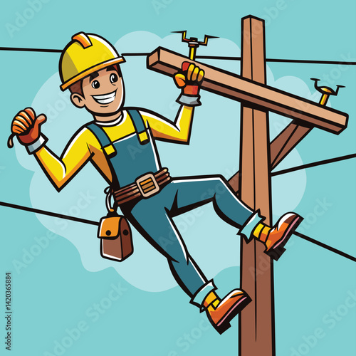 Utility worker performing maintenance on power lines while sitting on a pole in a rural area during daytime