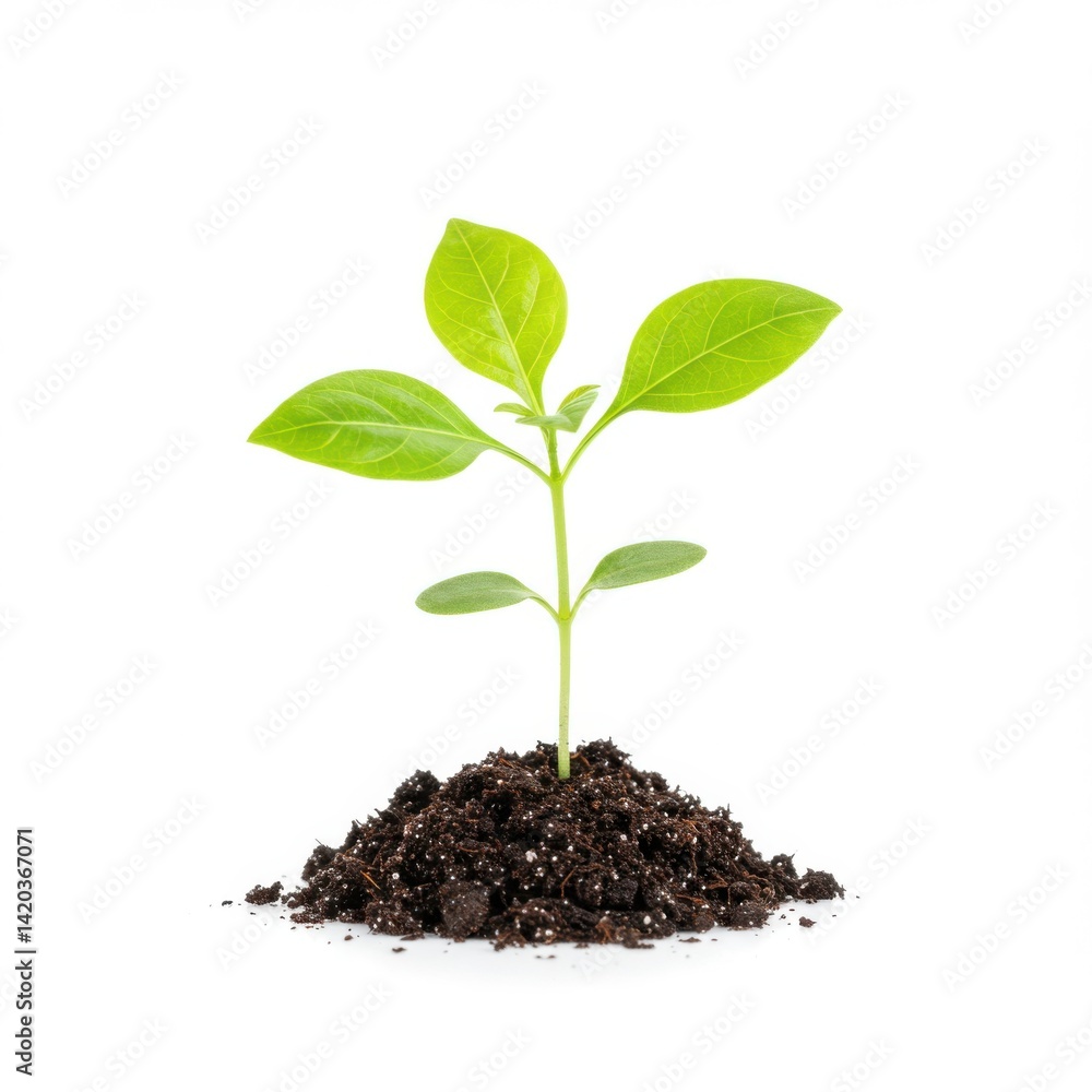 Small plant sprouting from soil pile, studio shot isolated on white background Small plant sprouting from soil pile, studio shot isolated on white background