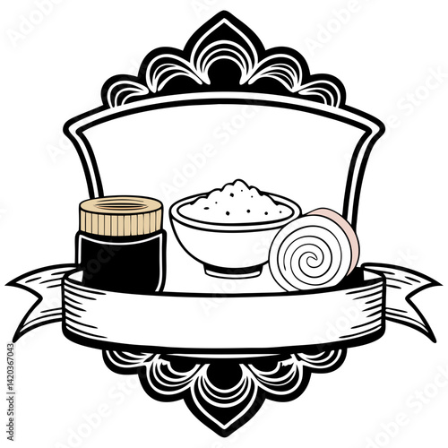 Vintage Spice Label Design: A vintage-inspired label design with a black and white color scheme featuring a jar of spices, a bowl of salt, and a swirl of cinnamon.