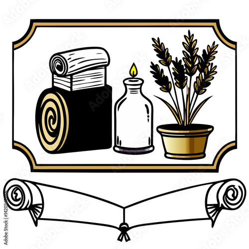 Spa and Wellness Emblem: A tranquil emblem showcasing the essence of spa and wellness, featuring a rolled towel, aromatic oil, and a flowering plant in a refined presentation.