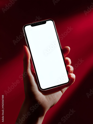Elegant Hand Holding Smartphone with Blank Screen Against a Dramatic Red Background