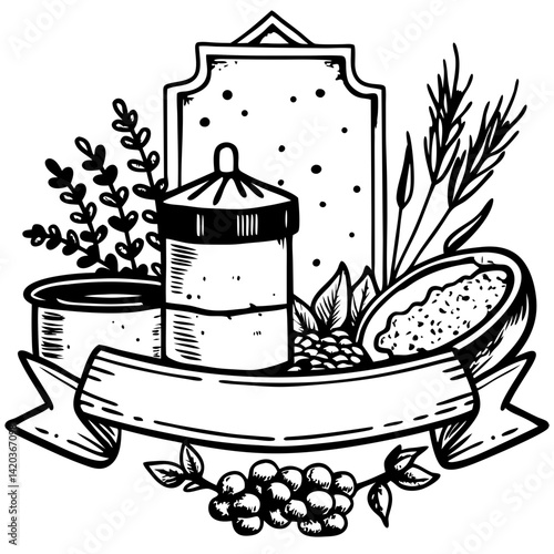 Artistic Gourmet: An elegant hand-drawn illustration showcasing an array of artisanal food elements, celebrating the beauty and variety of culinary ingredients and presentation.