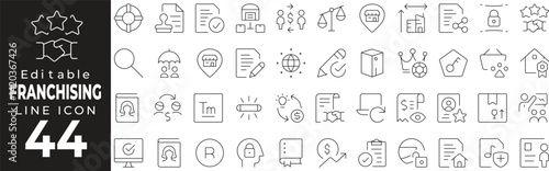 Franchising Icon Set: A Line Icon Collection Featuring Business Expansion, Storefront, Investment, Partnerships, and More