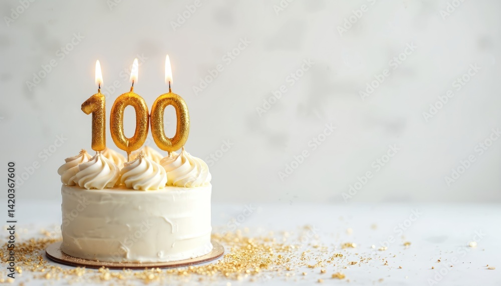 Birthday cake with gold candles, number 100. Celebration of a century anniversary. Sweet dessert with white frosting. Golden confetti decorates table. Festive occasion for family and friends.