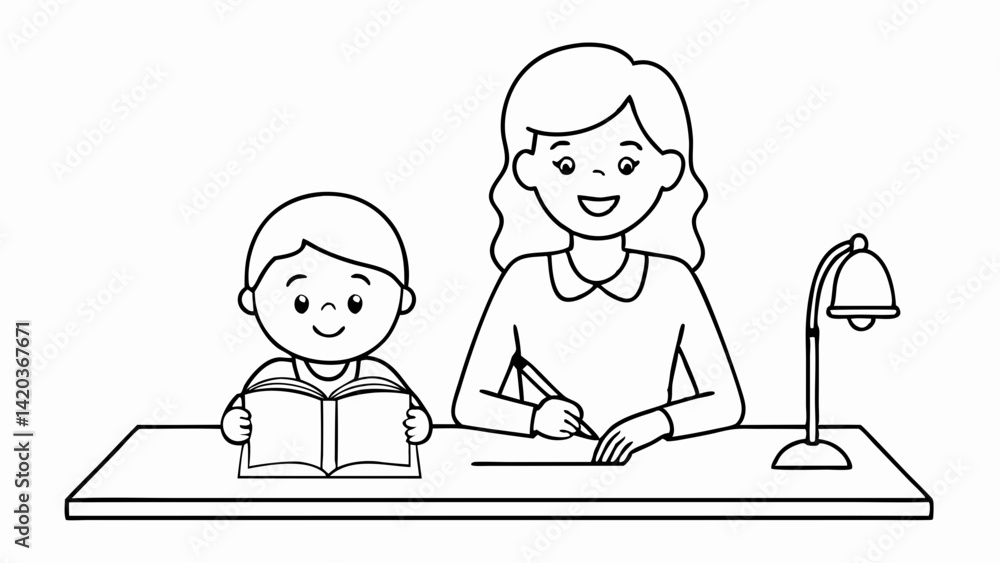 Happy mother and son studying together at a desk in a minimalist black and white illustration Happy mother and son studying together at a desk in a minimalist black and white illustration