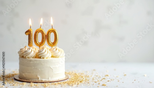 Obraz na płótnie Birthday cake with gold candles, number 100. Celebration of a century anniversary. Sweet dessert with white frosting. Golden confetti decorates table. Festive occasion for family and friends. w salonie