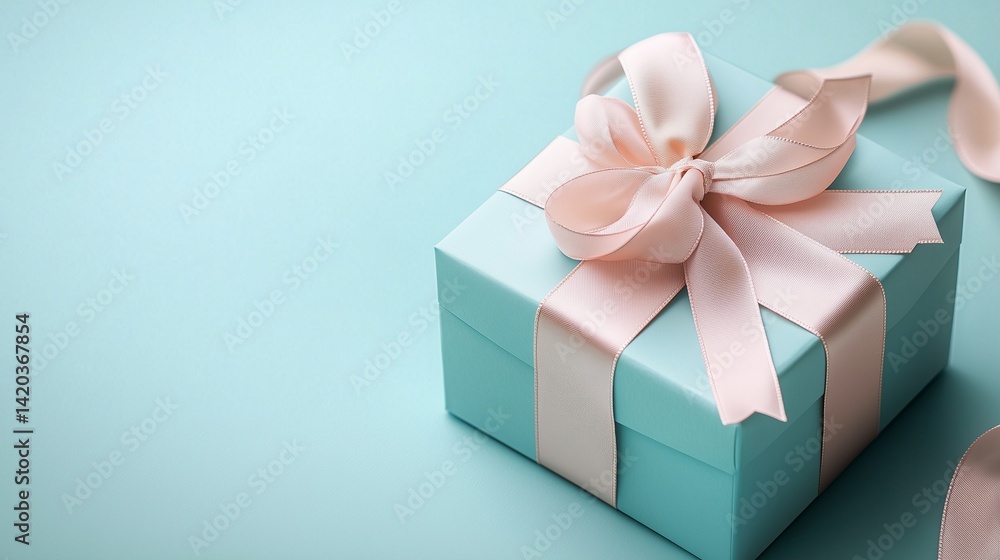 Obraz premium Easter-themed gift box with pastel ribbons on the right, soft shadows, clean layout, space for text on the left