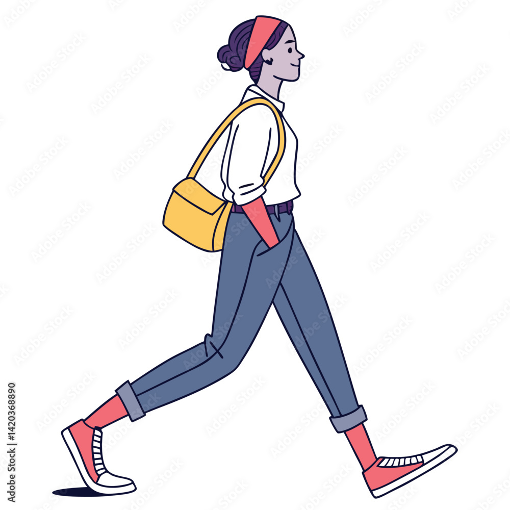 Obraz premium Young Woman Walking Side Profile Illustration Casual Outfit