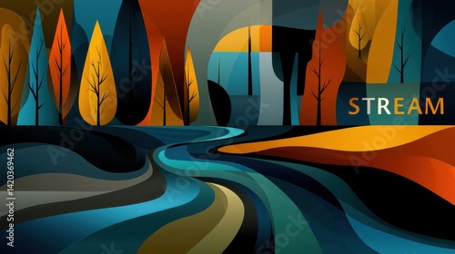 Digital Abstract Forest Landscape with Flowing Streams and Colorful Trees for Streaming Concept
