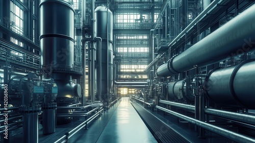 Hydrogen power plant, large steel tanks and pipes, wide angle photo. Clean H2 energy concept as imagined by Generative AI.