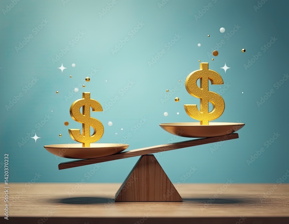 Gold Dollar Signs on a Seesaw Balancing Wealth and Finance