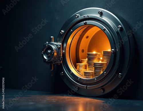 Stacks of Gold Coins Glowing in a Vault's Door - Financial Security Concept
