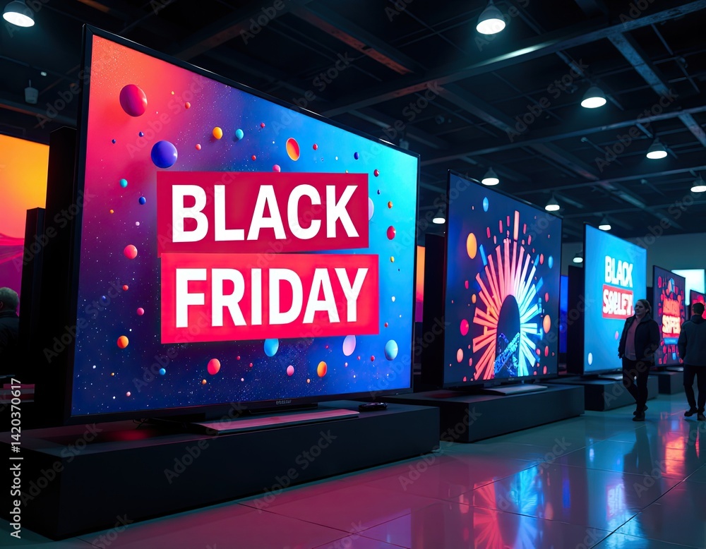 Black Friday Sale Large TVs Displaying Promotional Graphics in Retail Store