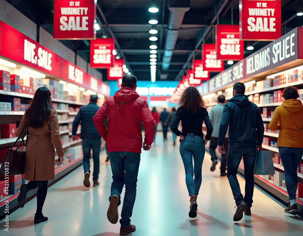 Shoppers rushing during a sale in a supermarket