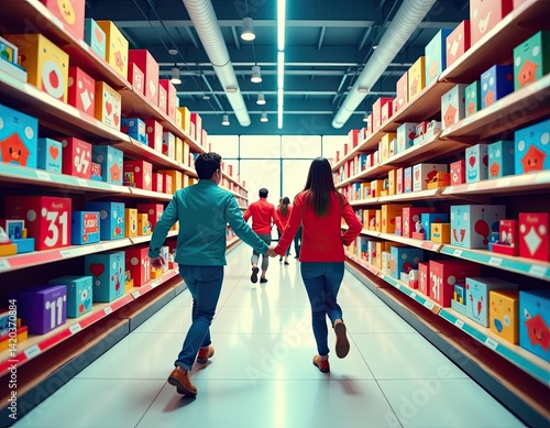 Obraz na płótnie Happy Couple Running Through Colorful Supermarket Aisle w salonie