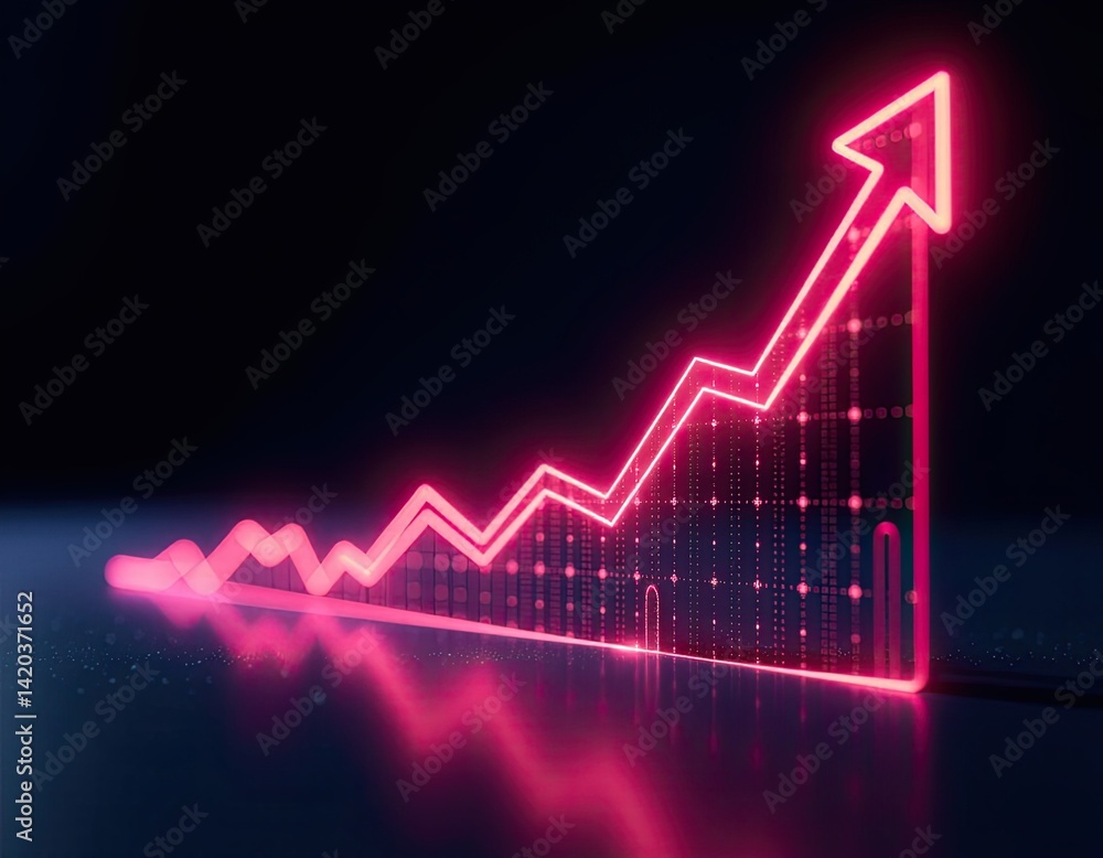 Neon Pink Upward Trend Graph, Growth, Success, Financial Chart, Stock Market