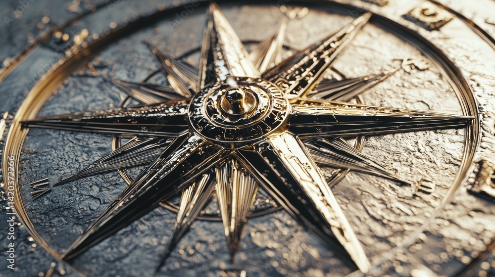 Fototapeta premium Intricate golden compass design with textures and details highlighting navigation and exploration