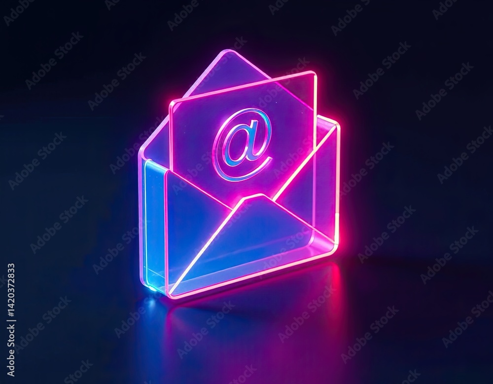 Neon Email Icon Glowing Envelope with At Symbol