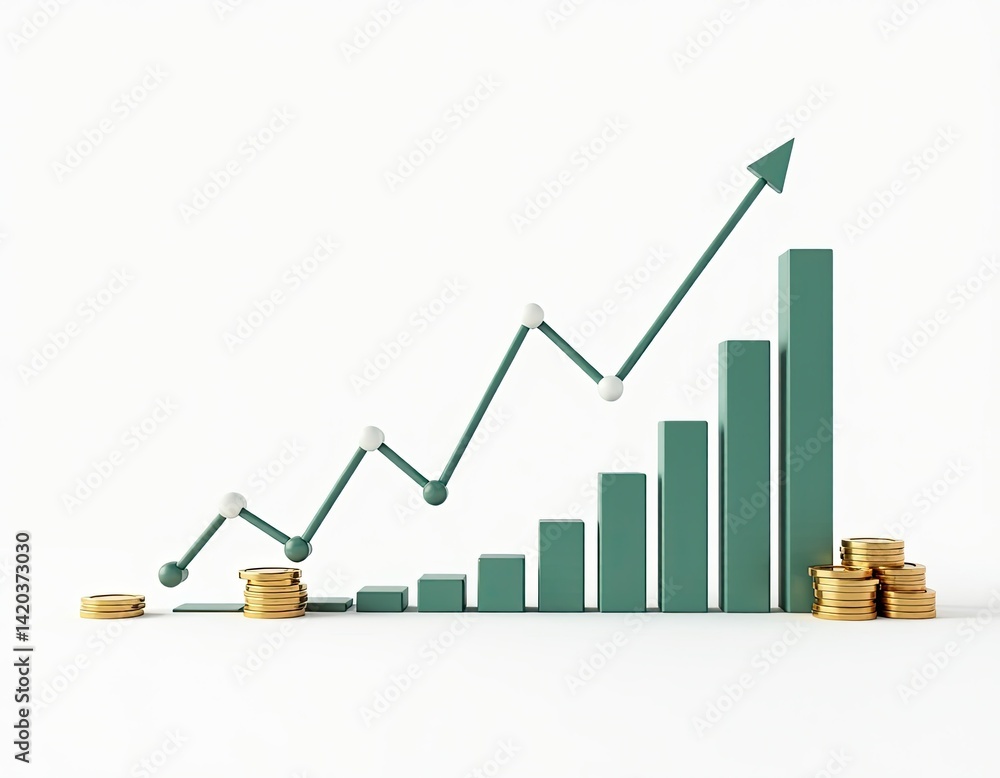 3D Render of Upward Trending Graph with Gold Coins - Financial Growth Concept