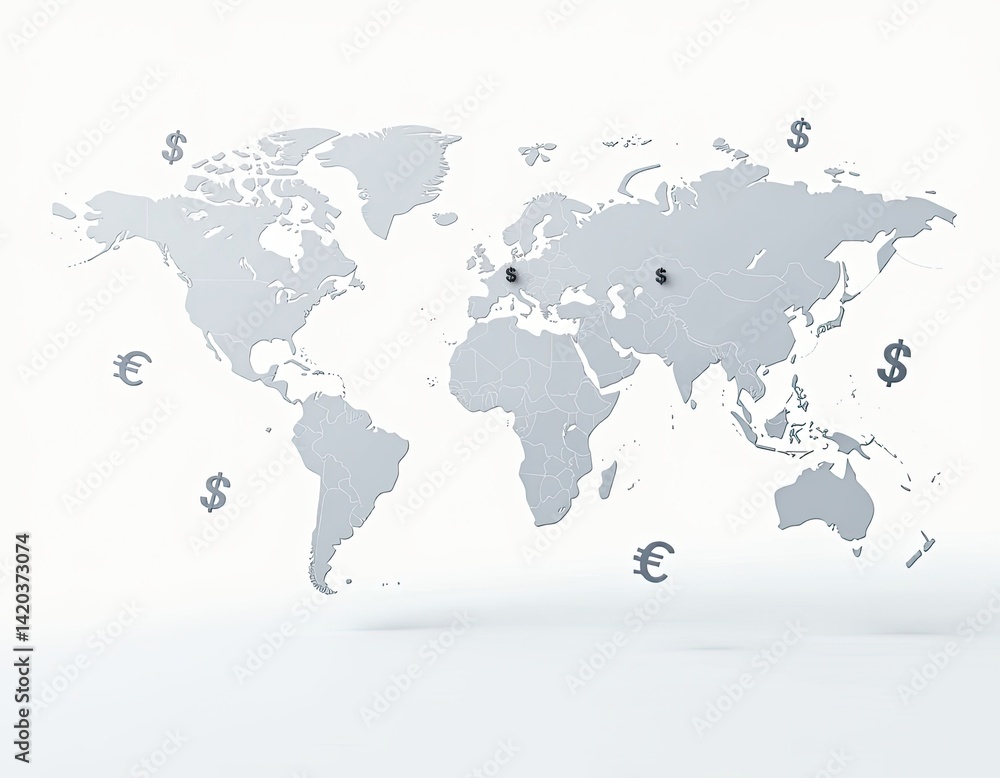Global Business Map with Dollar and Euro Currency Symbols