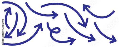 grunge arrow . Set of blue hand drawn grunge doodle spiral and curved charcoal, chalk arrows on white background. Collection various bold brush drawn arrows and squiggle lines. Blue Hand drawn vector 