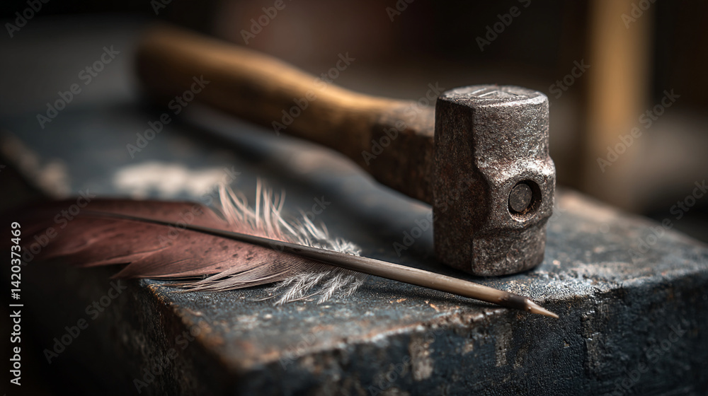 A close up of a hammer and a feather lying on a dark surface in a dimly lit environment A close up of a hammer and a feather lying on a dark surface in a dimly lit environment