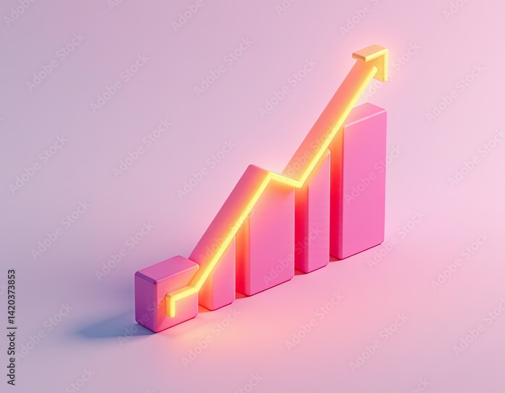 Pink Neon Growth Chart Upward Trend, Business Success, Financial Growth, 3D Render