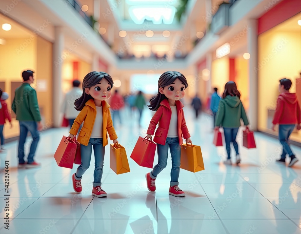 Cute Cartoon Girls Shopping in Mall with Bags