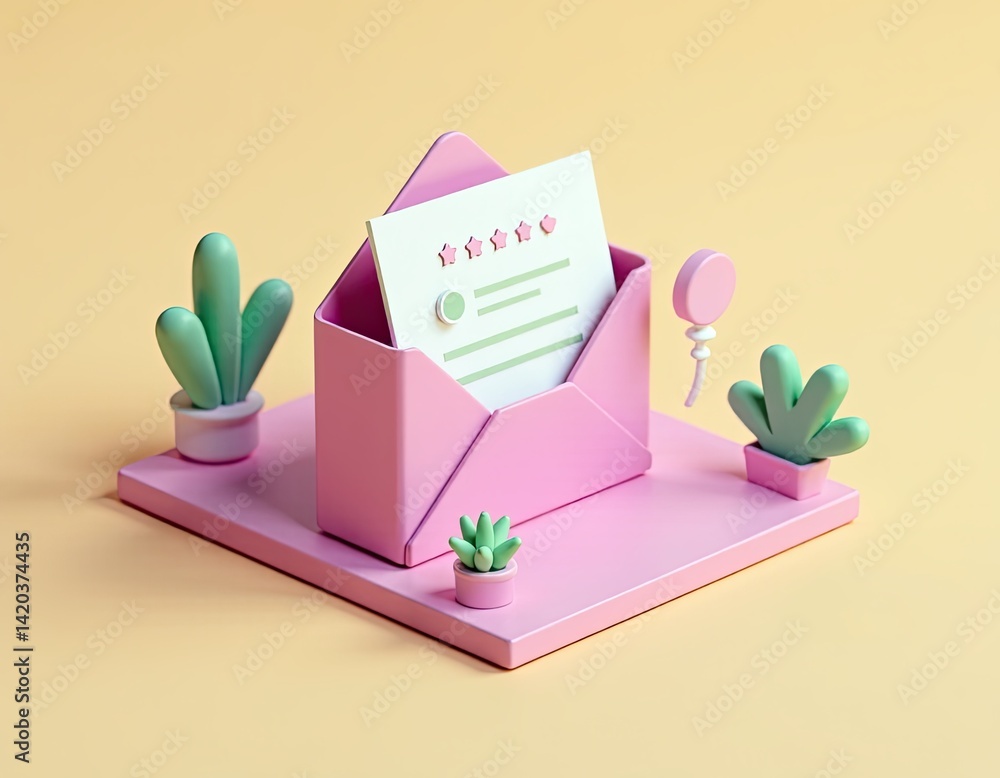 3D Render of Pink Envelope with Feedback and Cute Plants