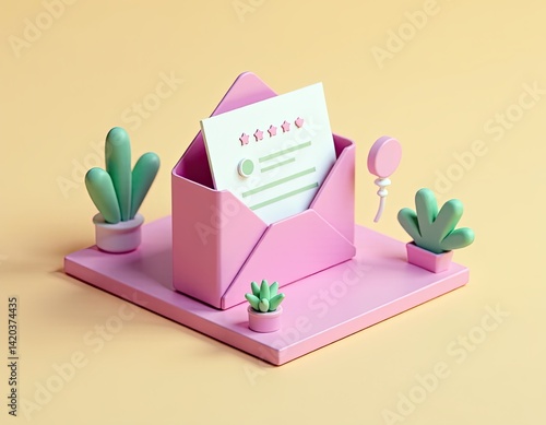 Obraz na płótnie 3D Render of Pink Envelope with Feedback and Cute Plants w salonie