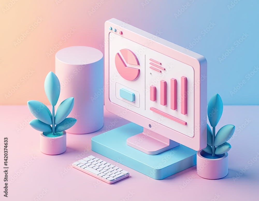 Pastel Computer with Charts and Plants - Minimalist 3D Render