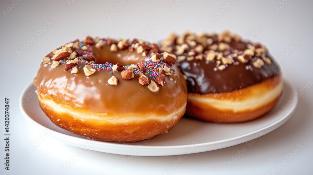 Two Donuts Almond Sprinkles Delicious Studio Style High-Resolution Lighting Close-up Shot Sweet Treats Appetizing Display Warm Golden Tones Food Photography Two Donuts Almond Sprinkles Delicious Studio Style High-Resolution Lighting Close-up Shot Sweet Treats Appetizing Display Warm Golden Tones Food Photography