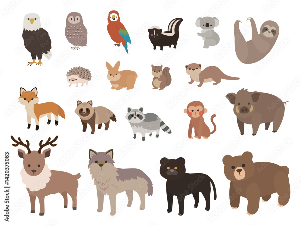 Fototapeta premium 森に住む動物のイラストセット