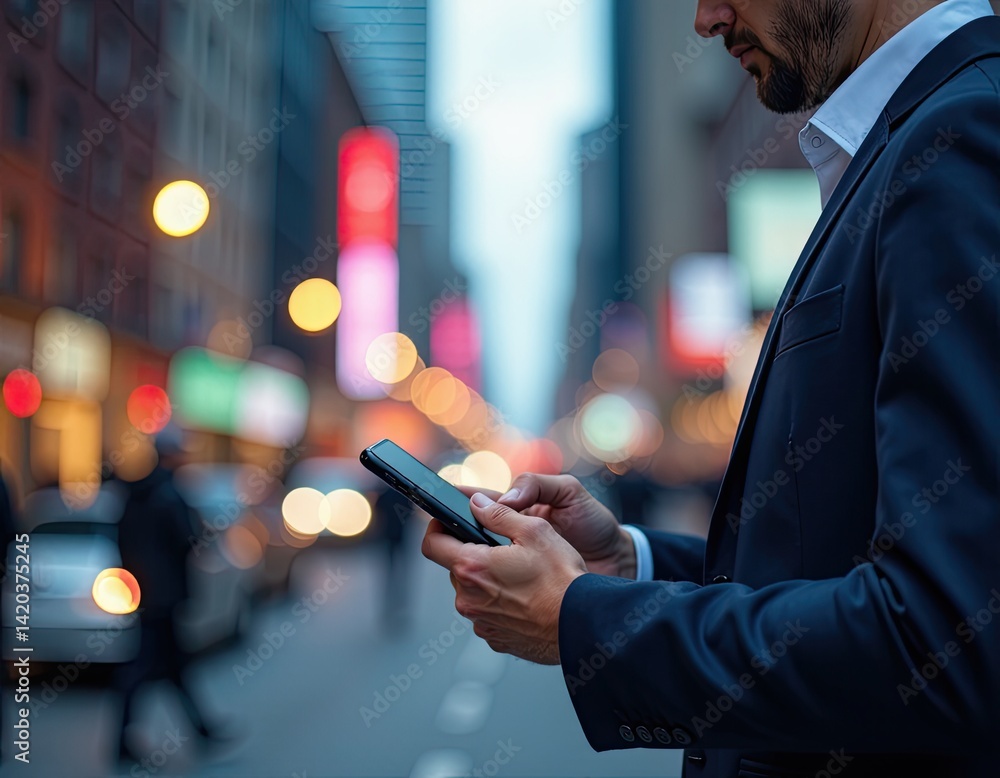 Businessman Using Smartphone in City at Night