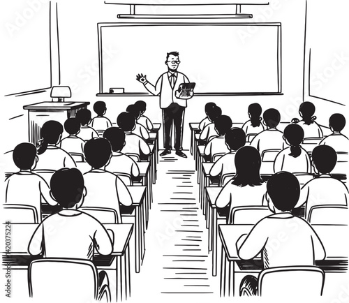 Teacher Educating Students In Classroom With Blackboard