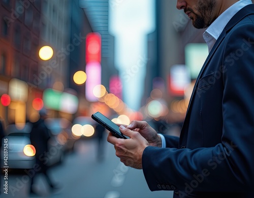 Businessman Using Smartphone in City at Night