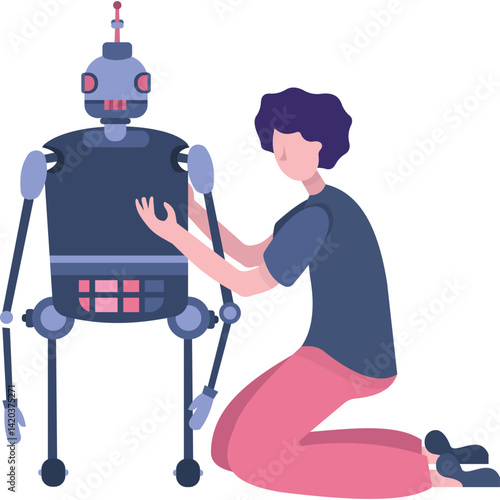 Vector man making robot, robotic technology icon