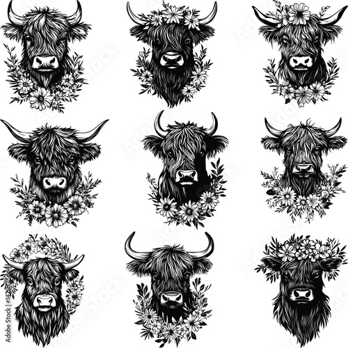 Highland Cow with Flowers Svg Bundle, Highland Cow Svg