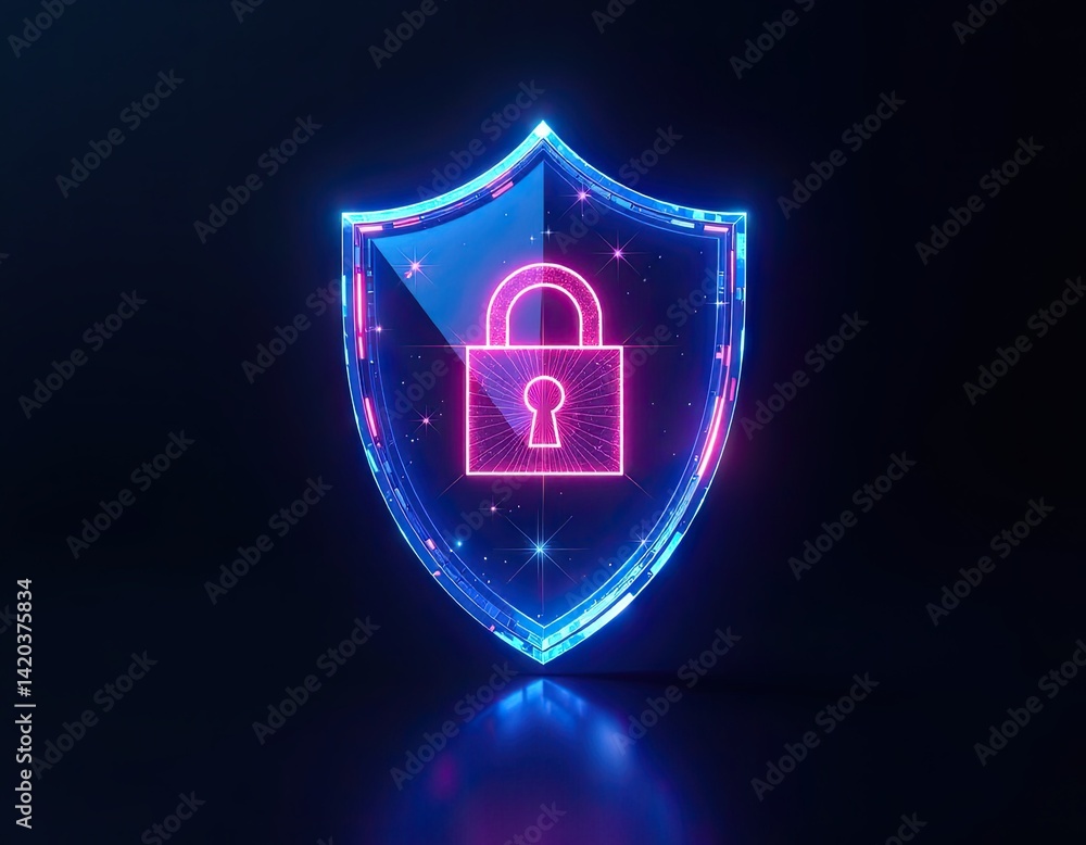 Neon Shield with Padlock - Cyber Security Concept