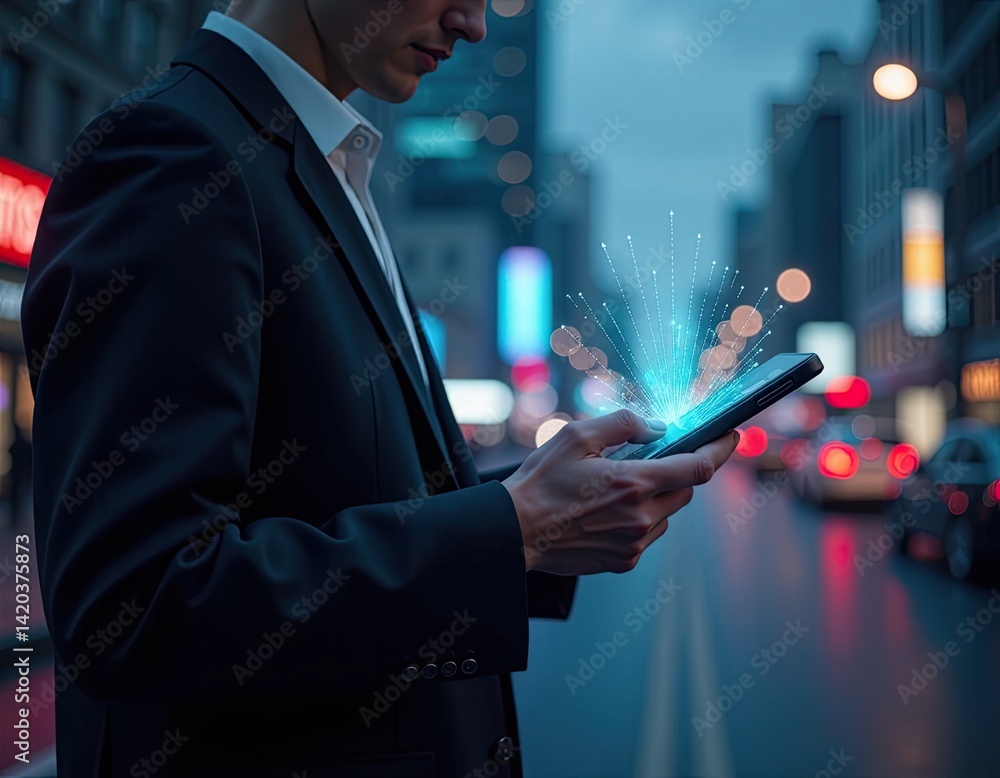 Businessman Using Smartphone with Futuristic Network Connection in City at Night