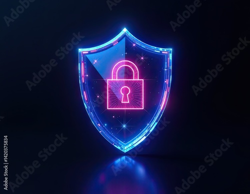 Obraz na płótnie Neon Shield with Padlock - Cyber Security Concept w salonie