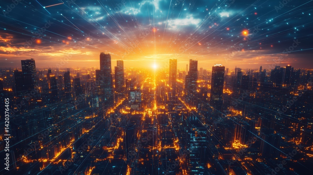 Fototapeta premium A stunning city skyline at sunset, with vibrant orange and blue hues illuminating the buildings. Light trails and digital effects create a futuristic atmosphere, enhancing the urban landscape.