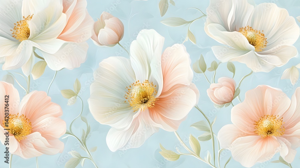 Fototapeta premium Elegant Pastel Peach and White Flowers Seamless Pattern