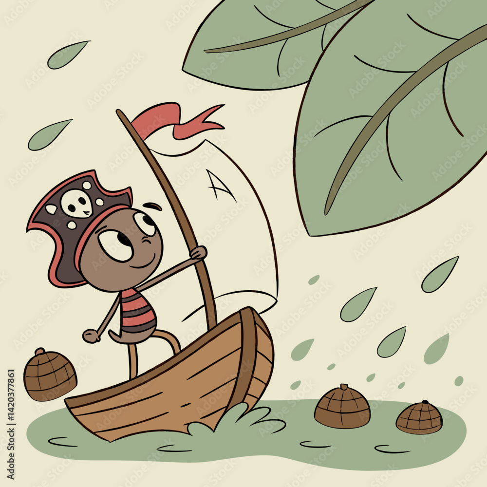 Naklejka premium Pirate Ant Sailing a Walnut Shell Ship