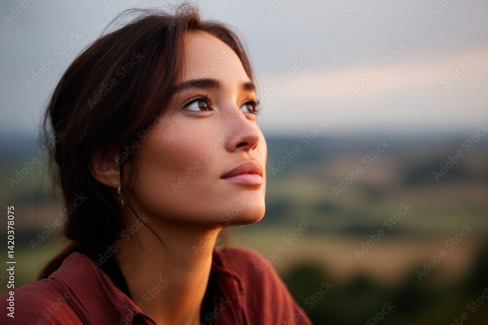Woman gazes upwards, hopeful, on hilltop with rolling fields at sunset's glow Woman gazes upwards, hopeful, on hilltop with rolling fields at sunset's glow