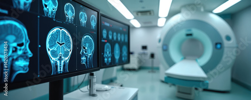 Modern medical facility features brain scans displayed on monitors. Advanced imaging tech, cutting-edge equipment in clean, high-tech environment. Brain imaging, diagnosis, research, medical
