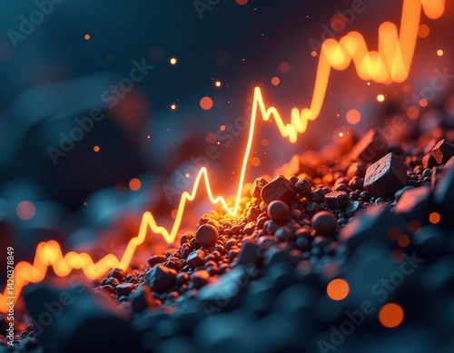 Glowing Stock Market Graph Over Dark Rocks - Abstract Financial Success Concept