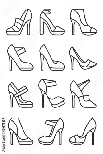 Elegant collection of high heels, vector line art