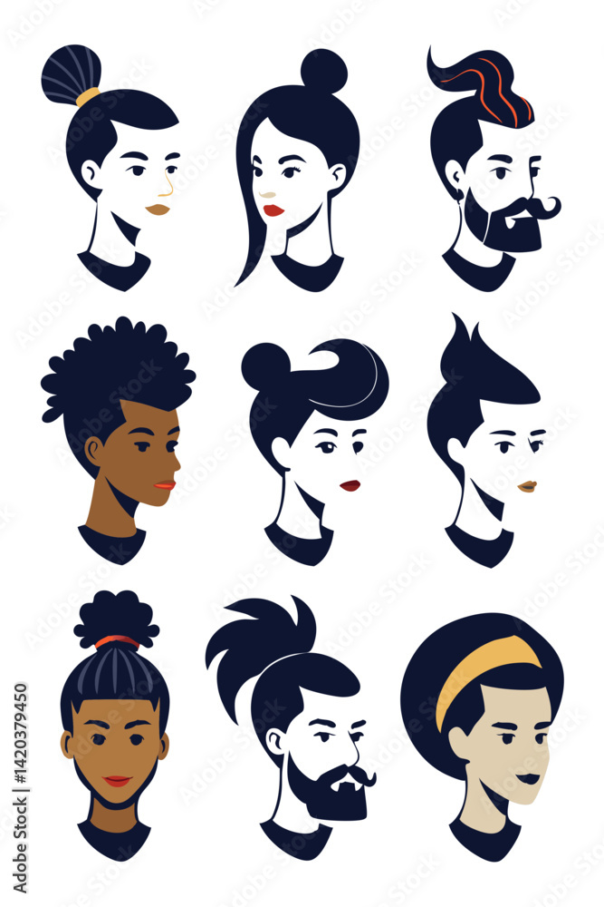 Diverse People Faces Illustrations, Flat Design Style Portraits Diverse People Faces Illustrations, Flat Design Style Portraits